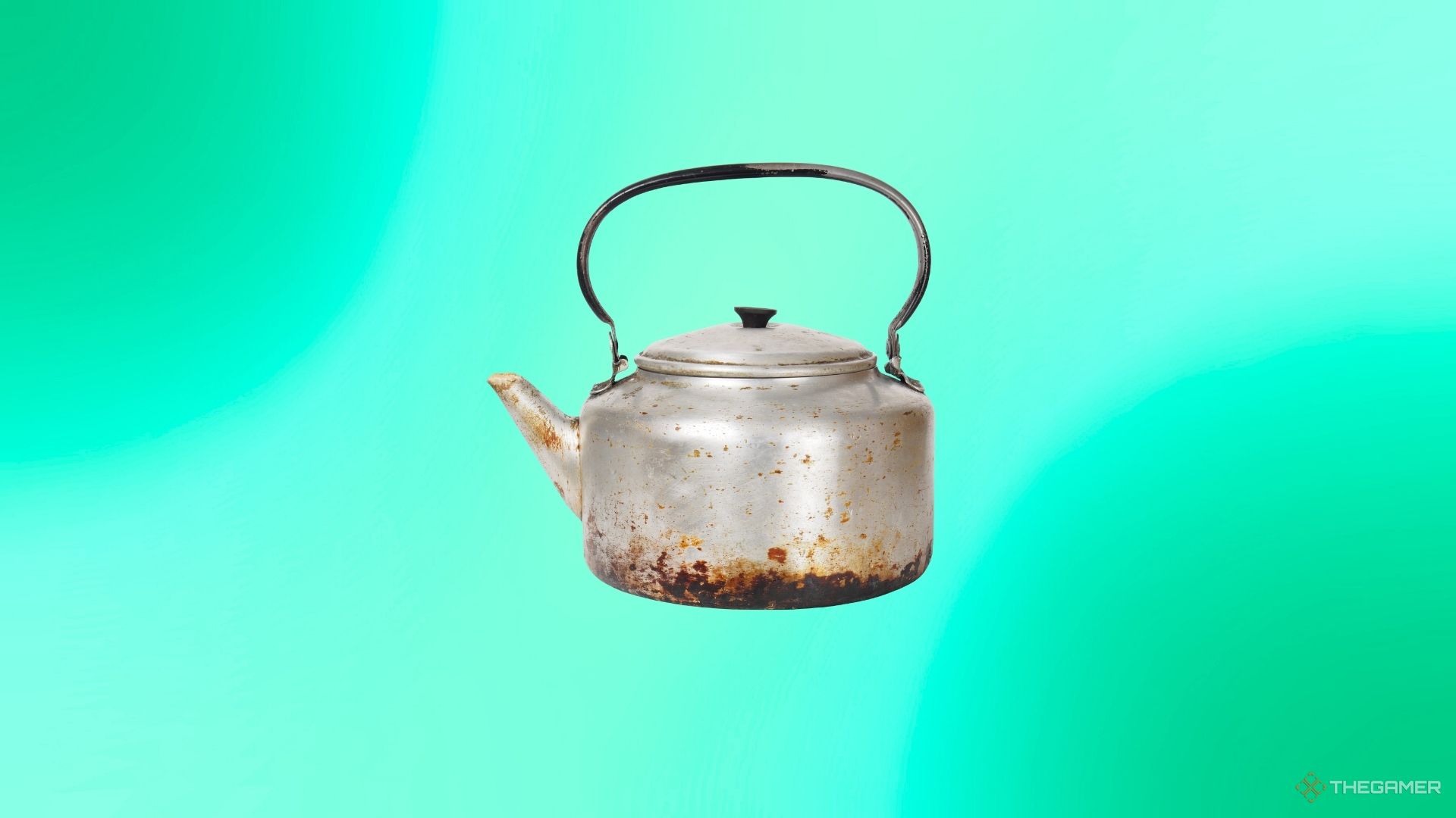 A kettle against a turquoise background.