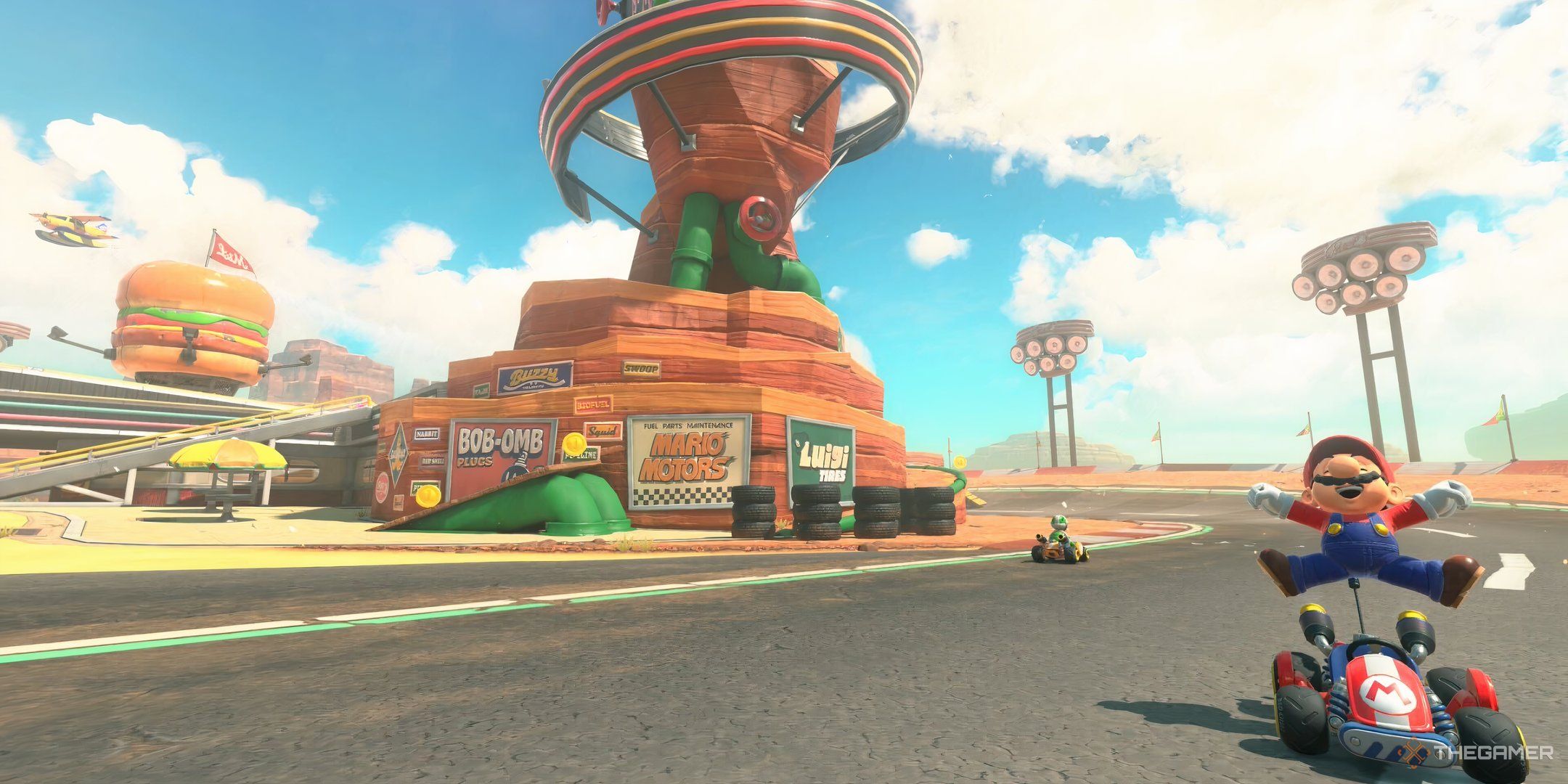 Mario jumping out of his kart in Mario Kart World.
