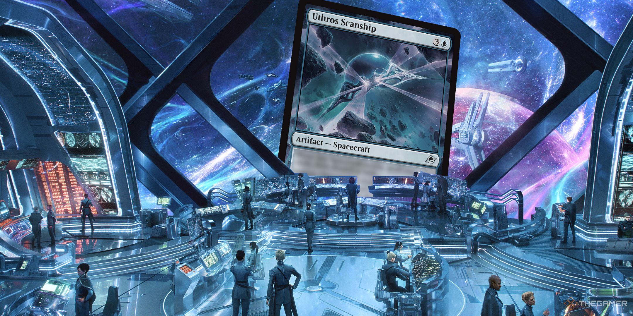 An Uthros Scanship MTG card being seen out the window of a spaceship.