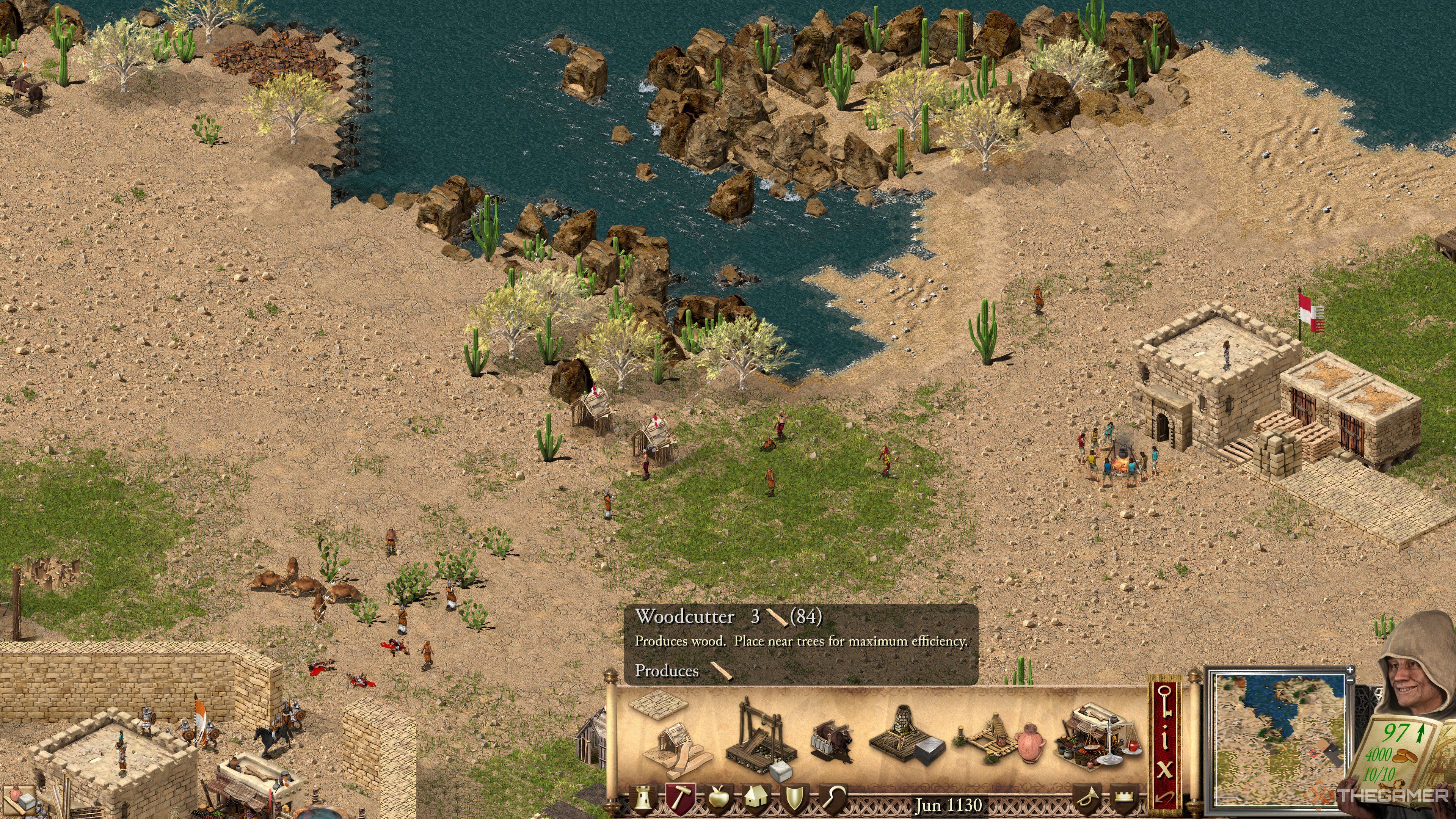 Woodcutter hut and UI in Stronghold Crusader Definitive Edition.