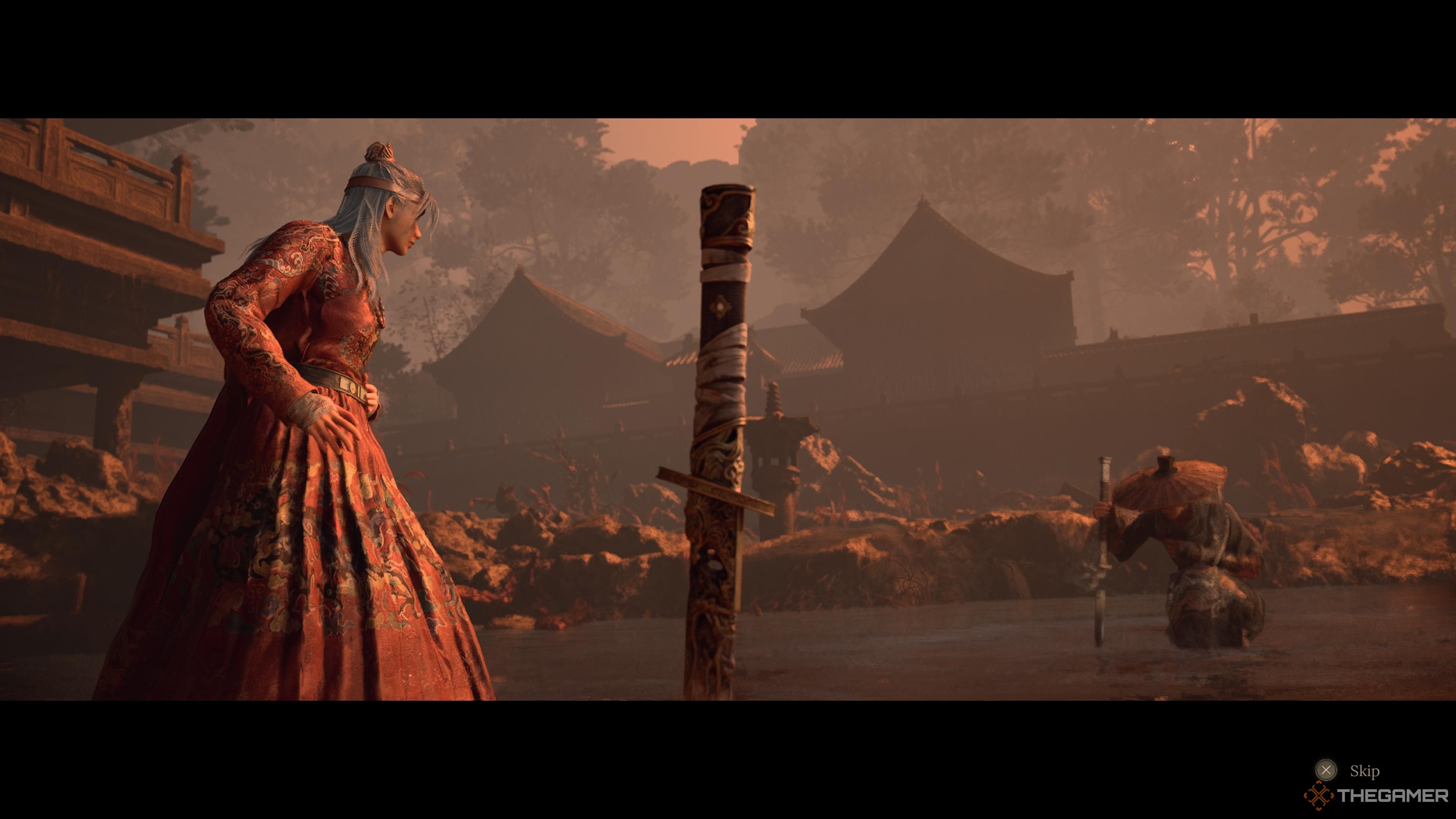 Wuchang and Honglan standing across from each other in a pool of water in wuchang: fallen feathers.