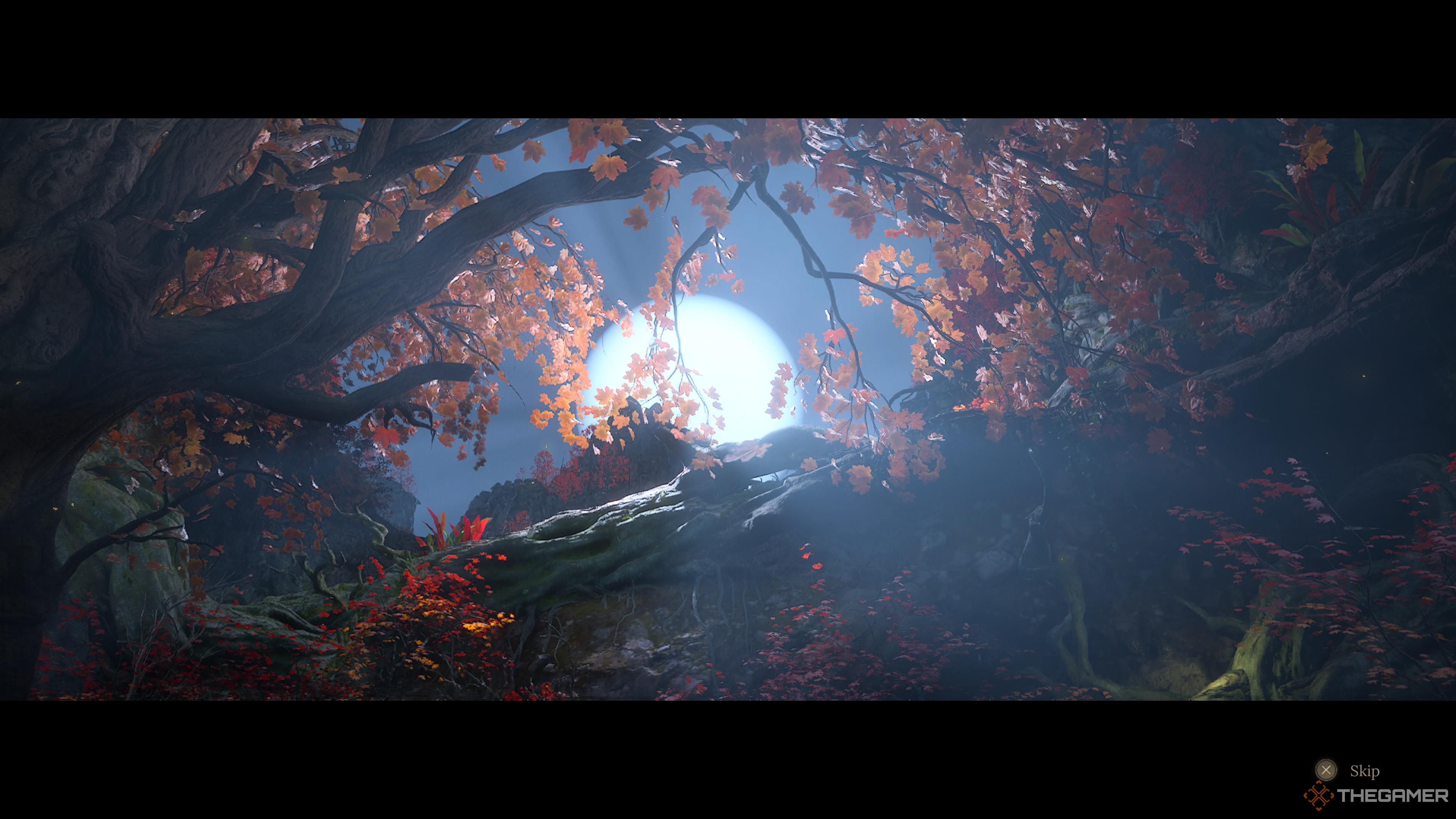 The moon piercing through the trees in a cutscene in Wuchang: Fallen feathers.
