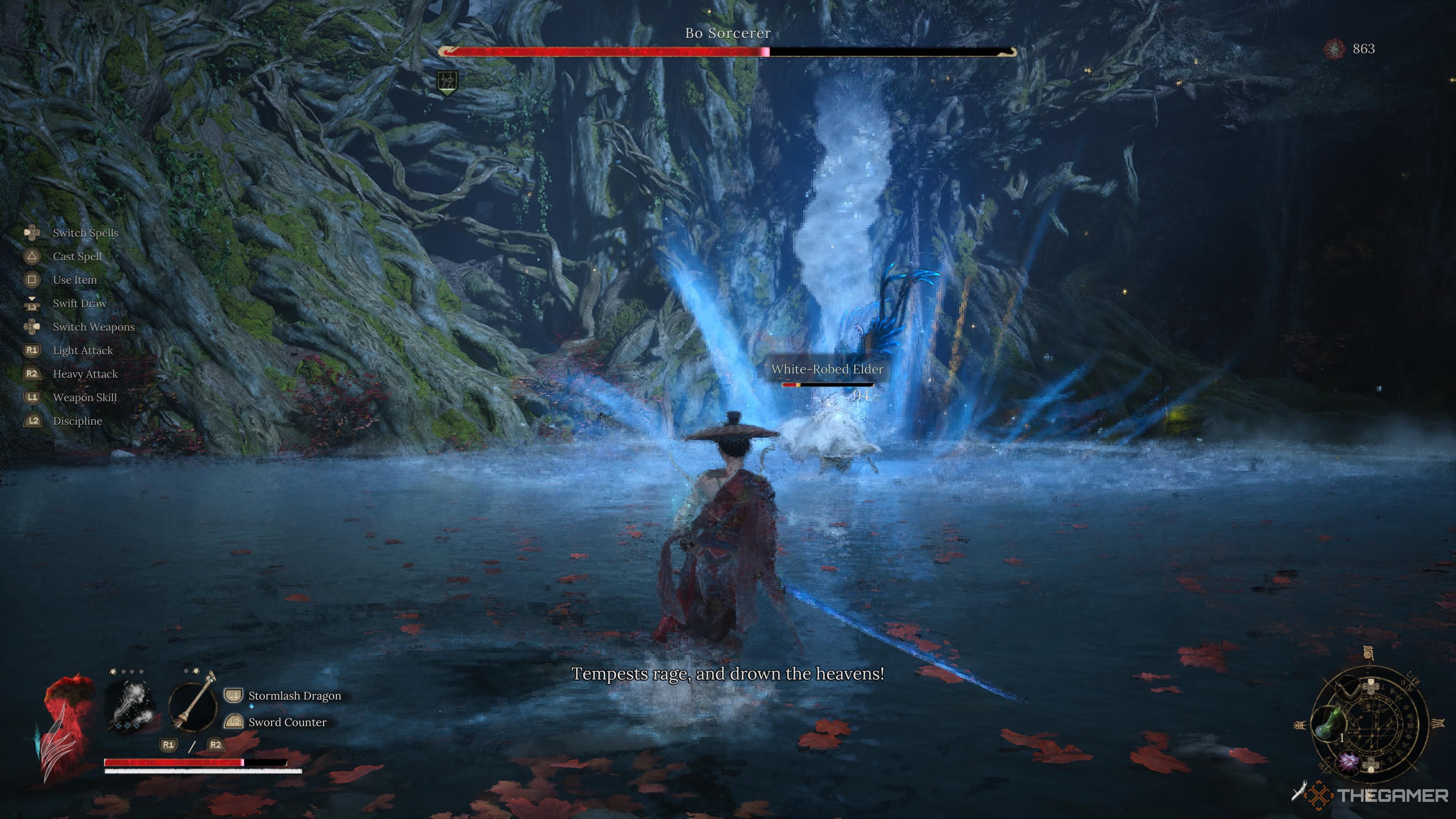 Fighting the Bo Sorcerer with the White-Robed Elder in Wuchang: Fallen Feathers.