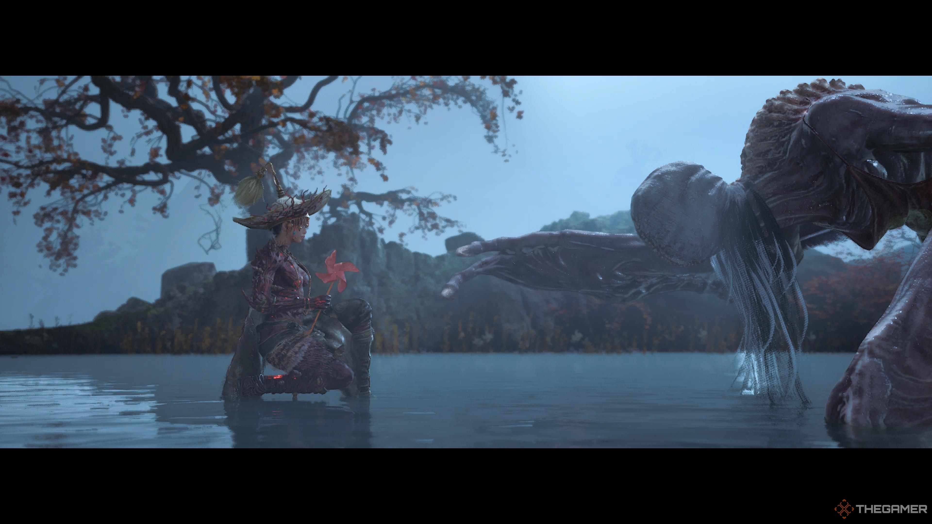 Wuchng kneeling with a belled pinwheel to offer Bai Kru in Wuchang: Fallen Feathers.