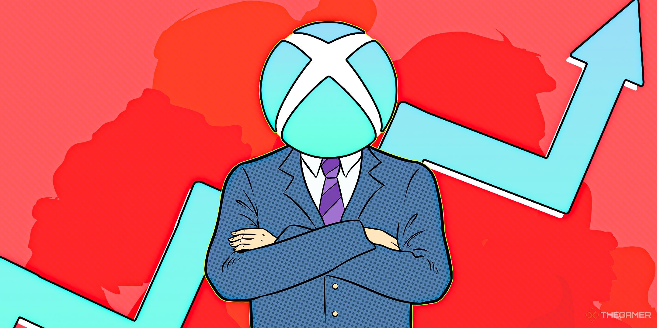 A businessman with the Xbox logo as his head with stocks going up behind him.