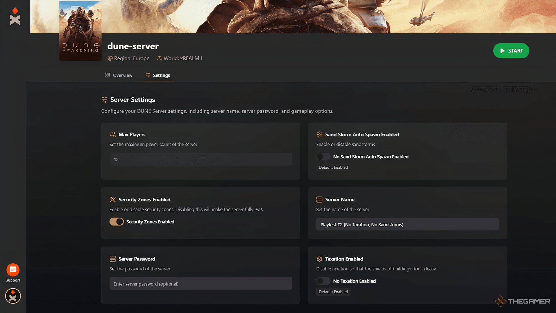 xREALM's Dune Awakening Control Panel Settings.