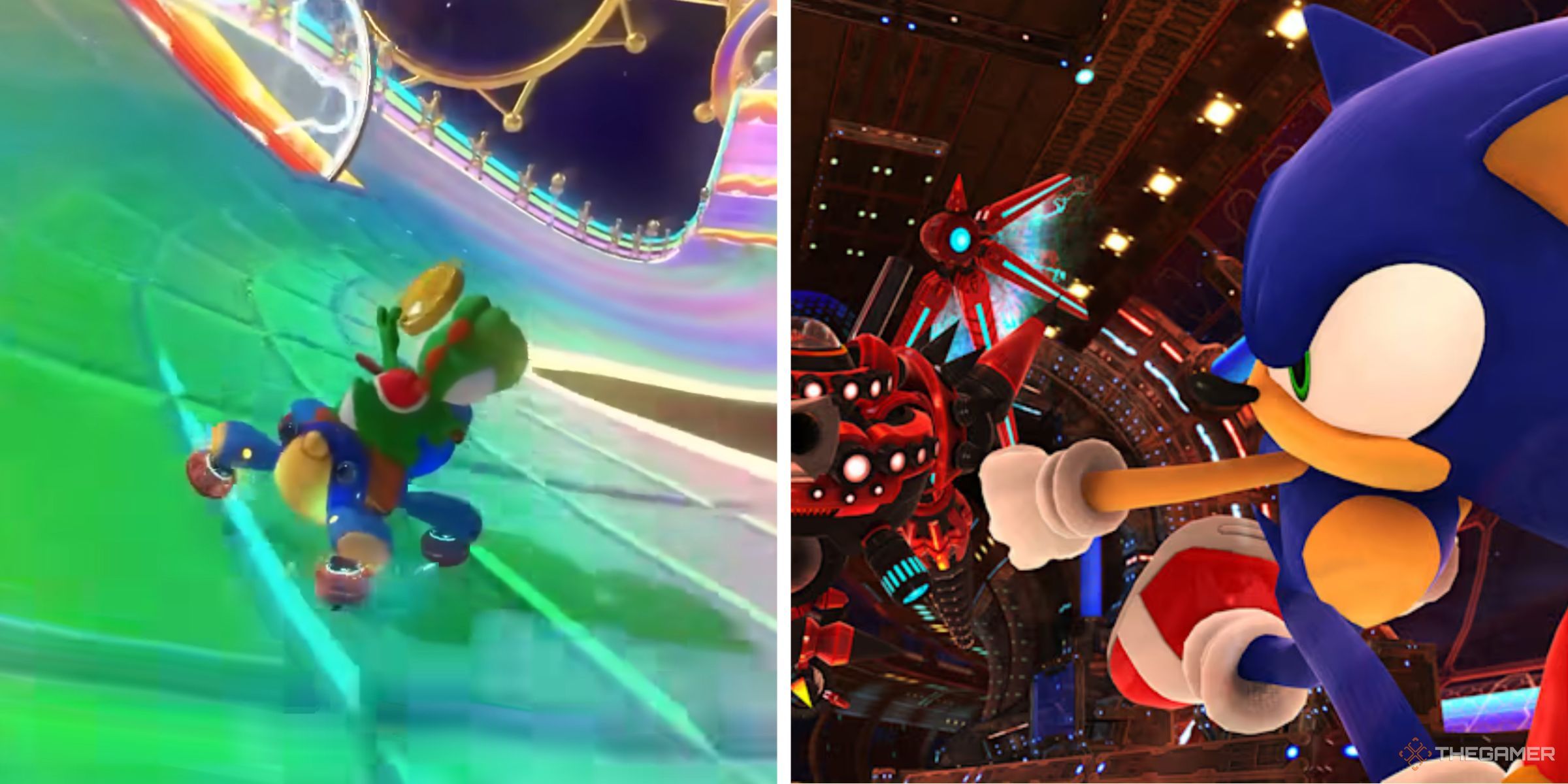 Yoshi racing on Wii Rainbow Road in Mario Kart 8 Deluxe and Sonic running away from Eggman in Sonic X Shadow Generations