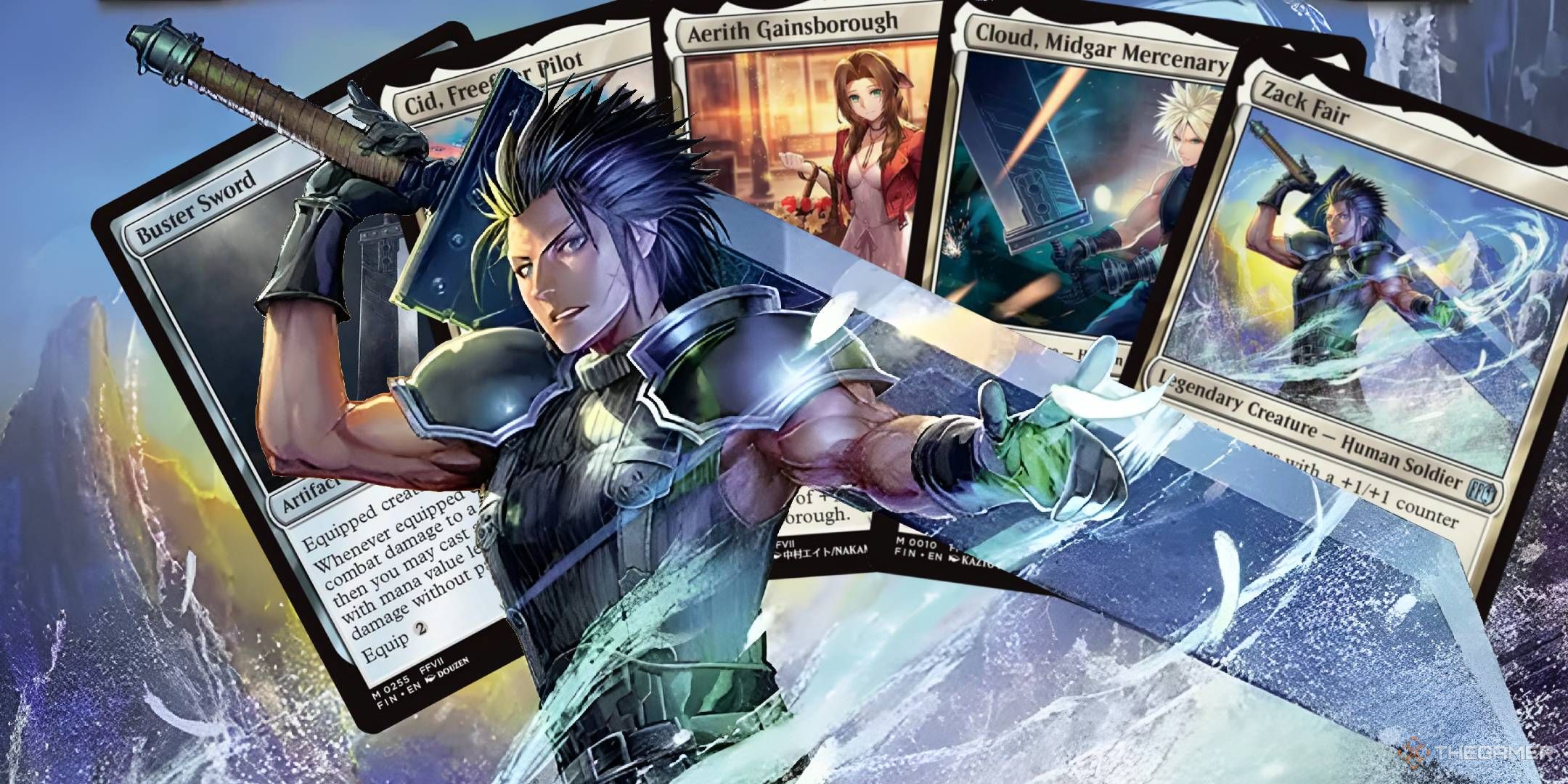 Zack Fair holds his Buster Sword in front of key cards from the deck.