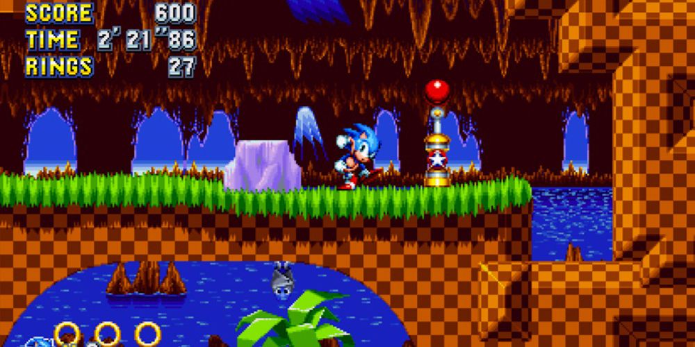 Sonic near a checkpoint in Sonic Mania
