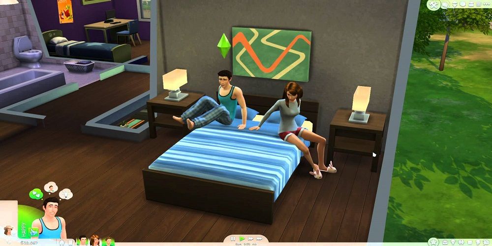 Two Sims sitting on a bed about to WooHoo in The Sims 4