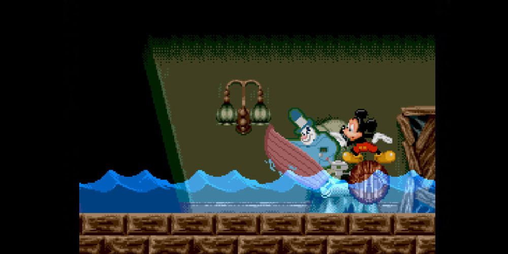 Mickey in a level with water and a boat