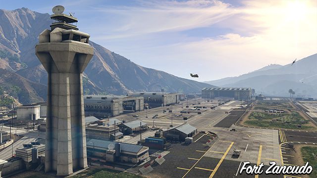 fort zancudo military base as seen from above in gta 5