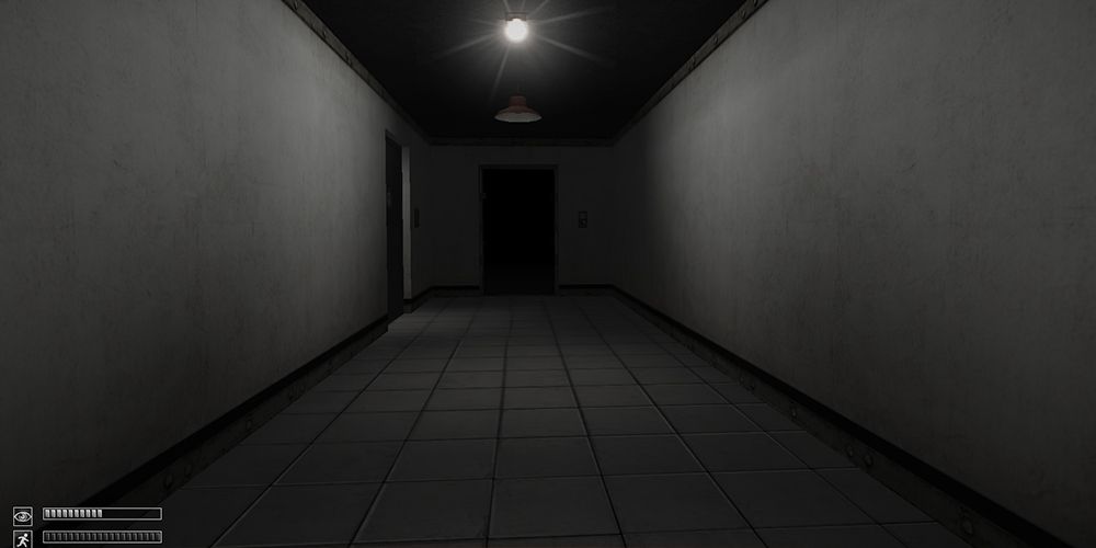 Dark hallway with door at end