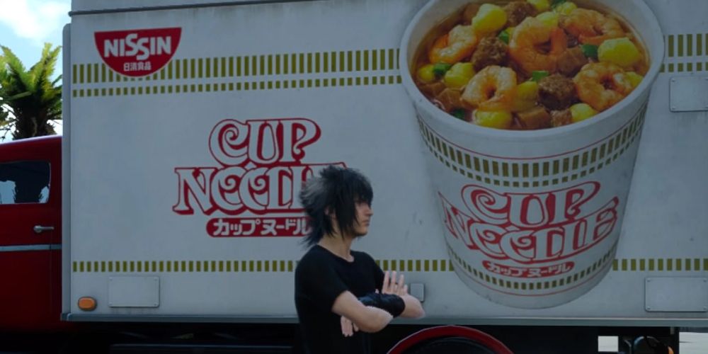 Final Fantasy XV Protagonist Standing In Front of Cup Noodles