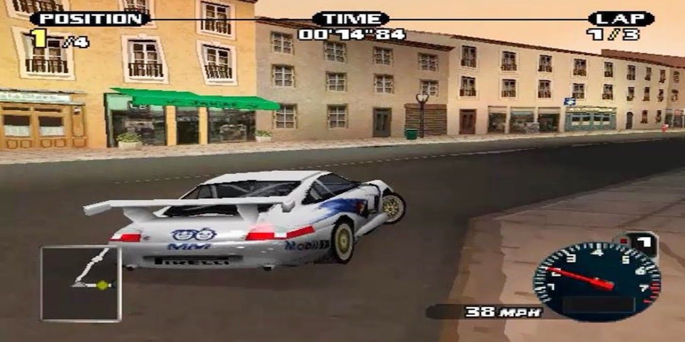 Need for Speed Porsche Unleashed gameplay racecar turning through town square