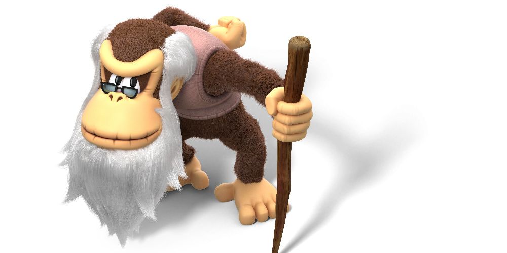 Cranky Kong hunched over, holding himself up with his cane. 