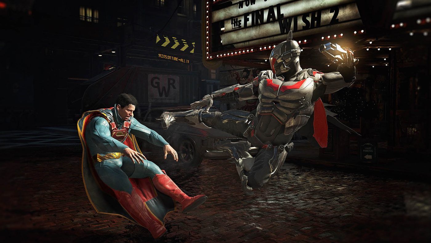 Deadshot kicking Superman in Injustice 2