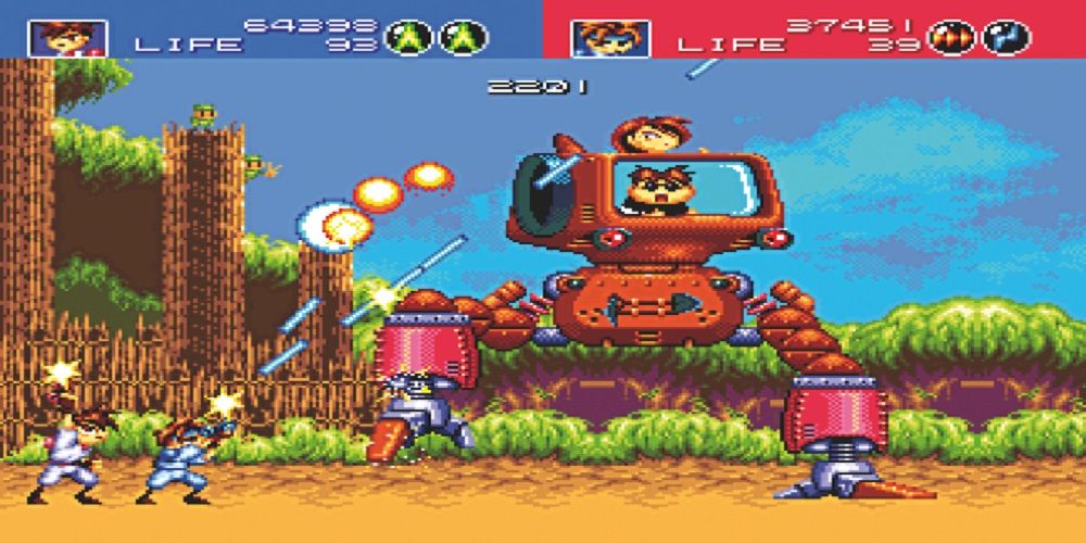 Gunstar Heroes walking in a robot while being shot at.