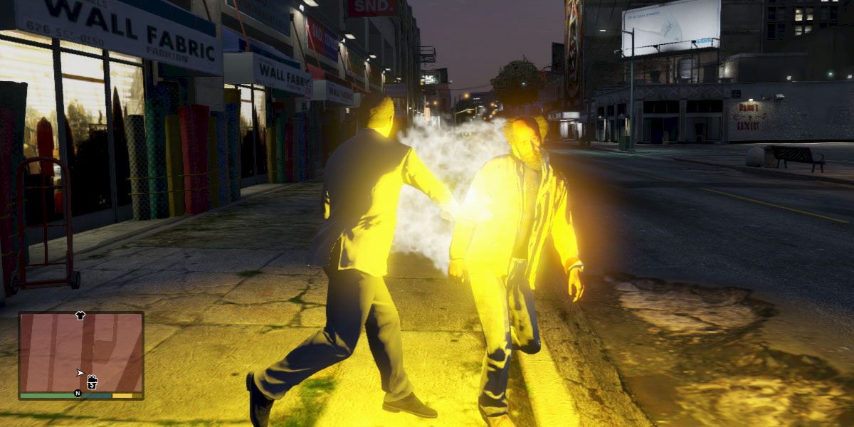 GTA 5 Franklin using the Explosive Melee cheat on a pedestrian. 