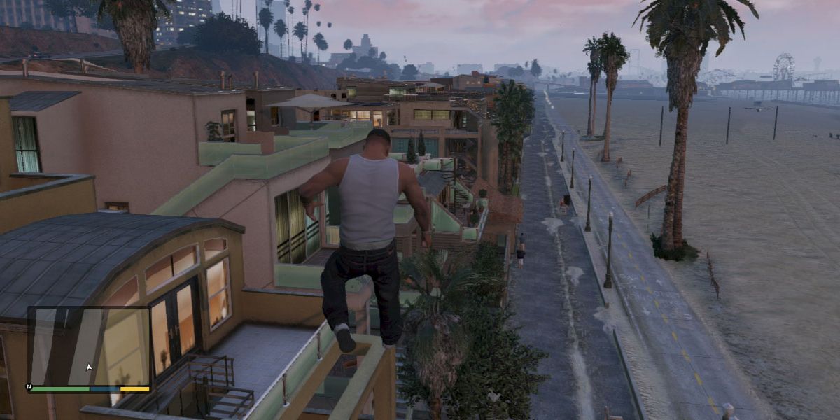 Main character in GTA5 using a super jump to jump extremely high