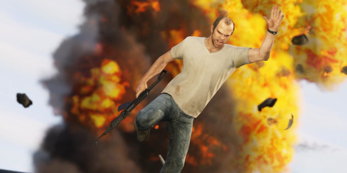 GTA 5's Trevor jumping in the air with an explosion in the background.