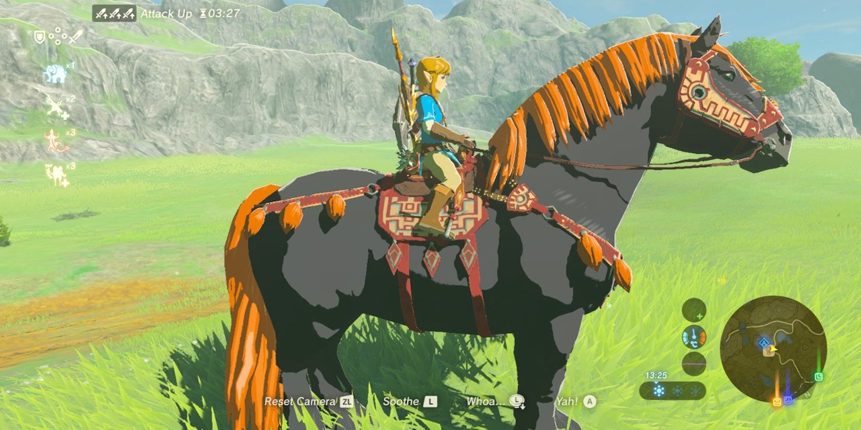 A screenshot of Link riding the Giant Horse in Breath of the Wild.