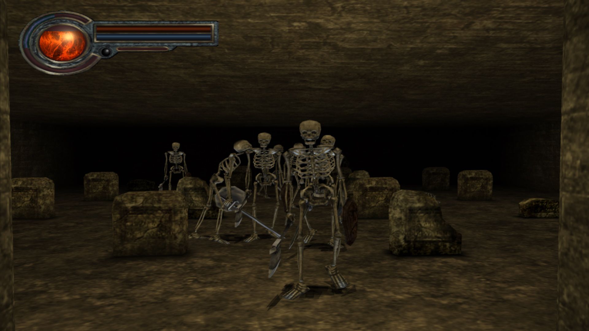some skeleton enemies squating up in a cramped dungeon in king's field
