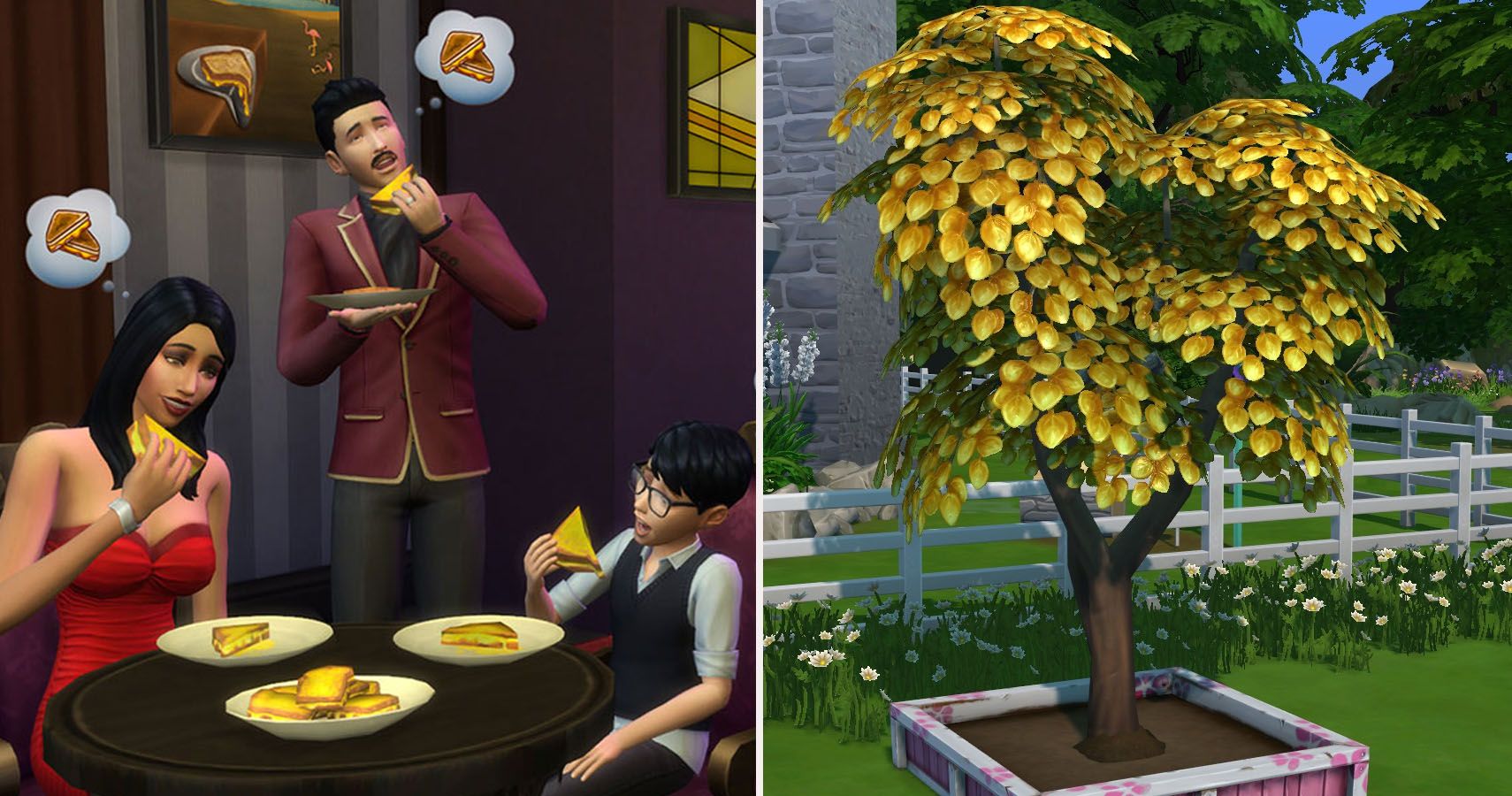 Split image. Left side the goths eating grilled cheese. Right side the Sims 4 money tree in a pot.