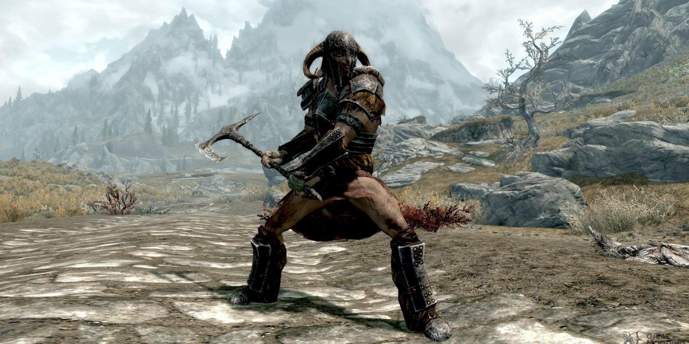 Skyrim Ancient Nord Armor on character in field