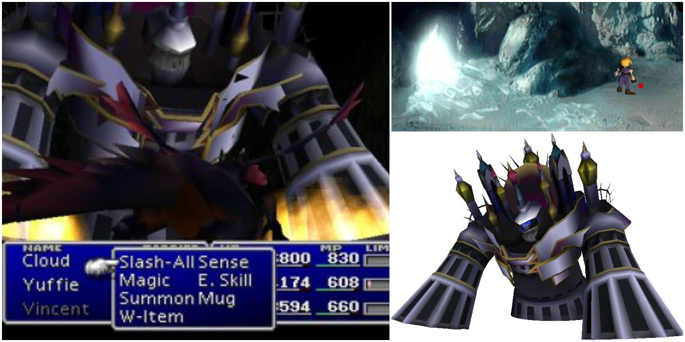 Alexander Final Fantasy 7 split image. Alexander looming over an enemy in battle, Alexander's in game model and an image of where the Materia can be found.