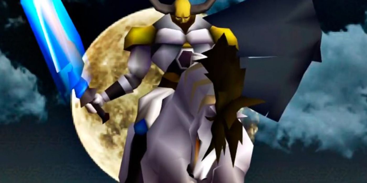 Final Fantasy 7 Odin sits atop his horse, backed by a full moon.