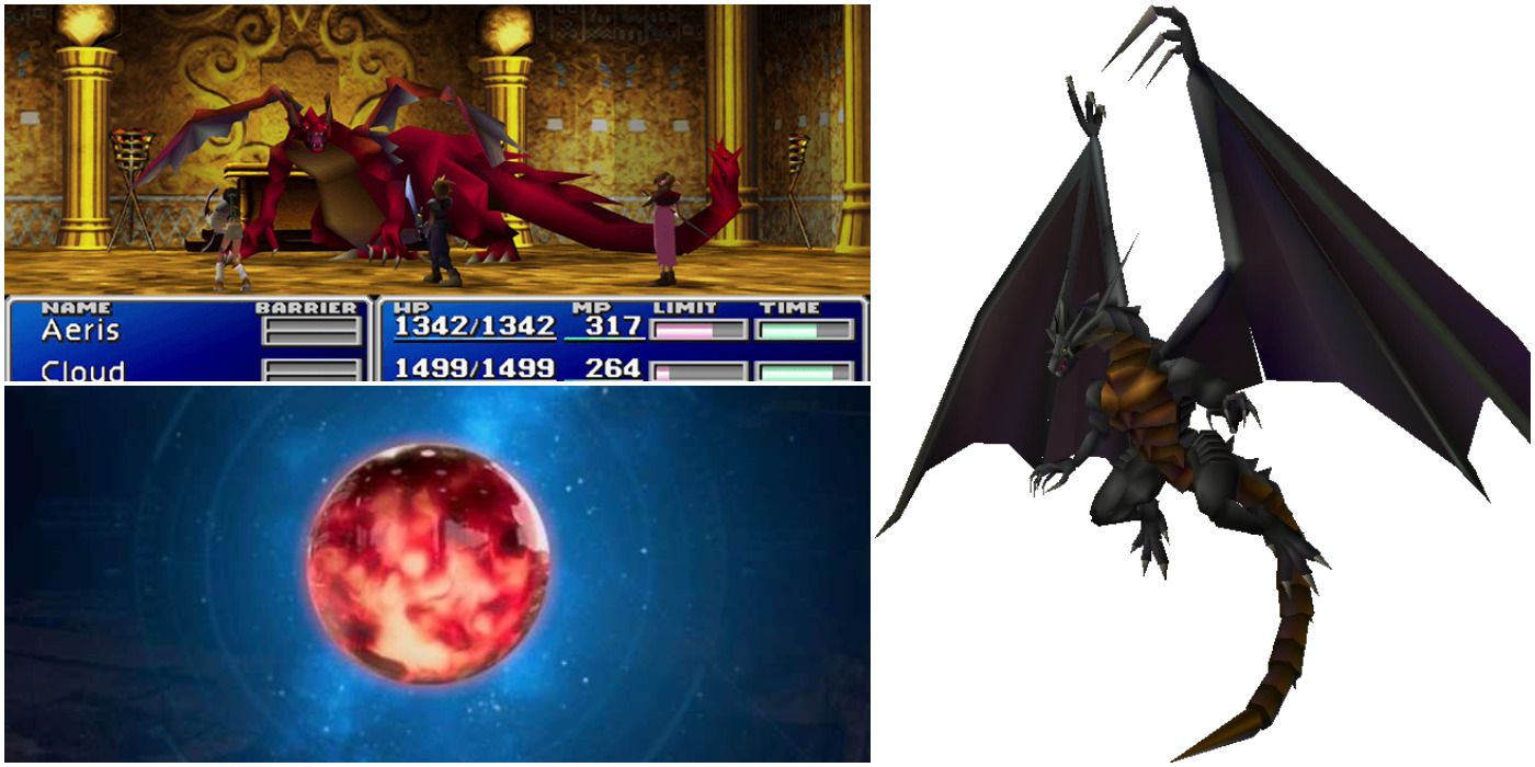 A split image of Final Fantasy 7's Bahamut, his Materia and where he is obtained.