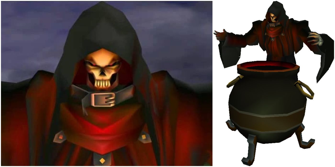 Final Fantasy 7 Hades split image. A close up of his face, and an image of him peering over his cauldron.