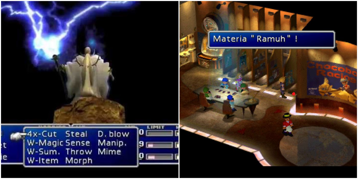 Final Fantasy 7 Ramuh, a split image of his summon animation and where his materia can be obtained.