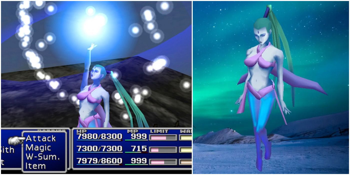 Final Fantasy 7 Shiva, a split image of her summon animation.