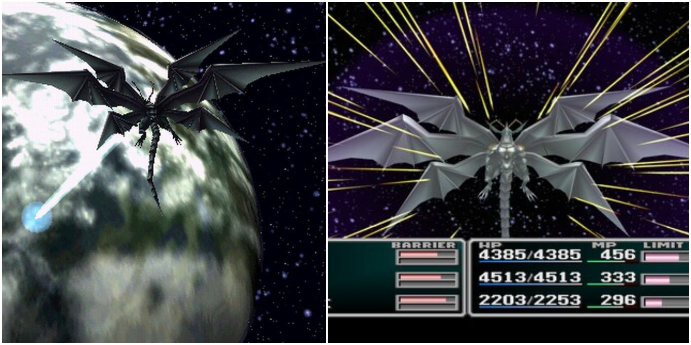 Final Fantasy 7 Bahamut Zero. Two images of Bahamut Zero in space, preparing to fire and firing its laser breath on the planet.