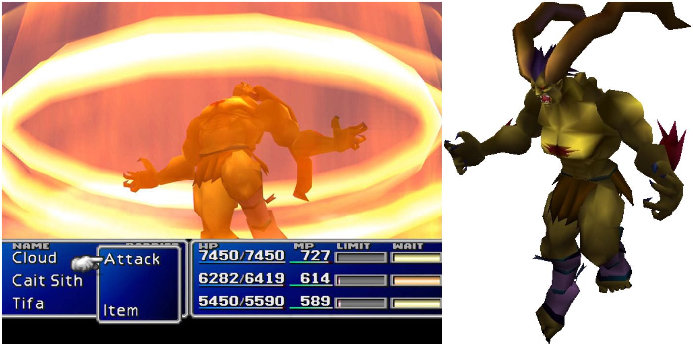 Final Fantasy 7 Ifrit, a split image of his summon animation and in-game model.