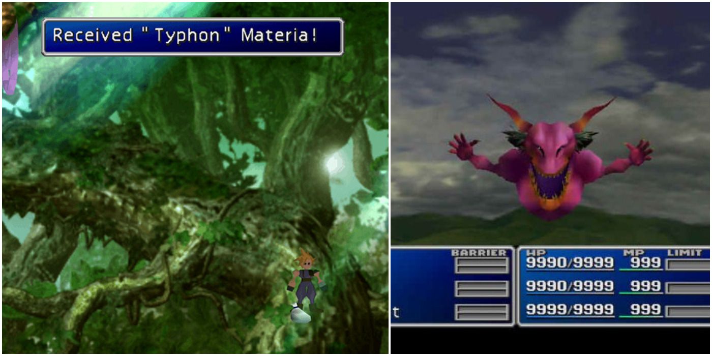 Final Fantasy 7 Typhon split image of where it is obtained and its appearance in battle.