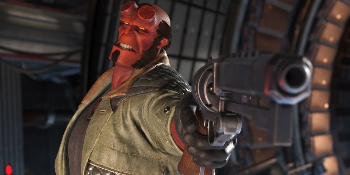 Hellboy as he points a gun in Injustice 2