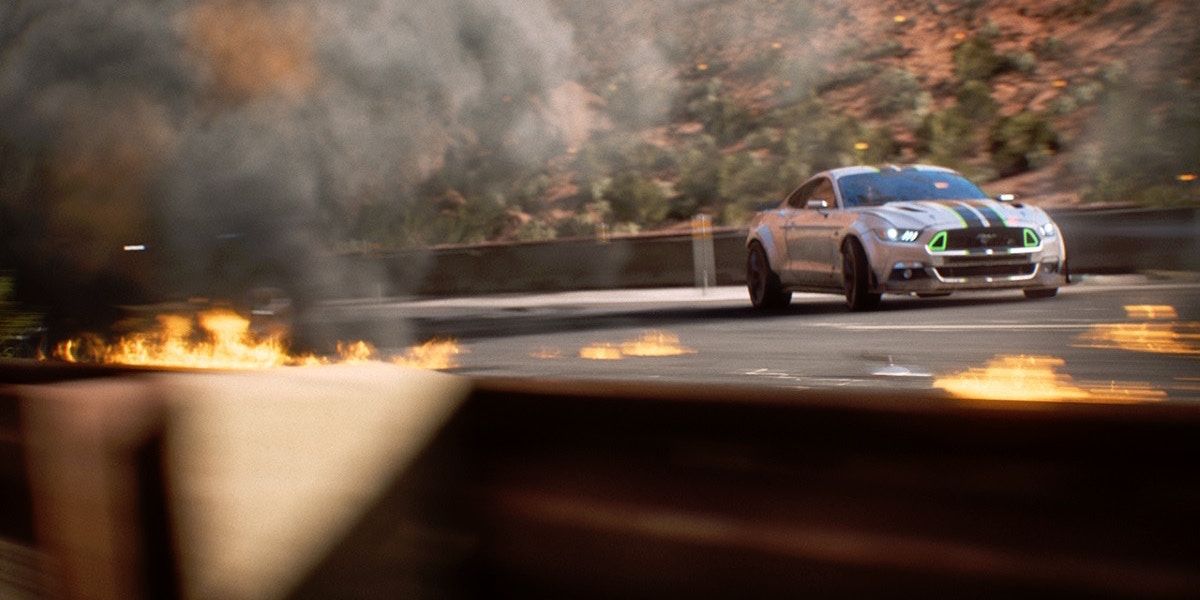 Need For Speed Payback cinematic rounding the corner near fire