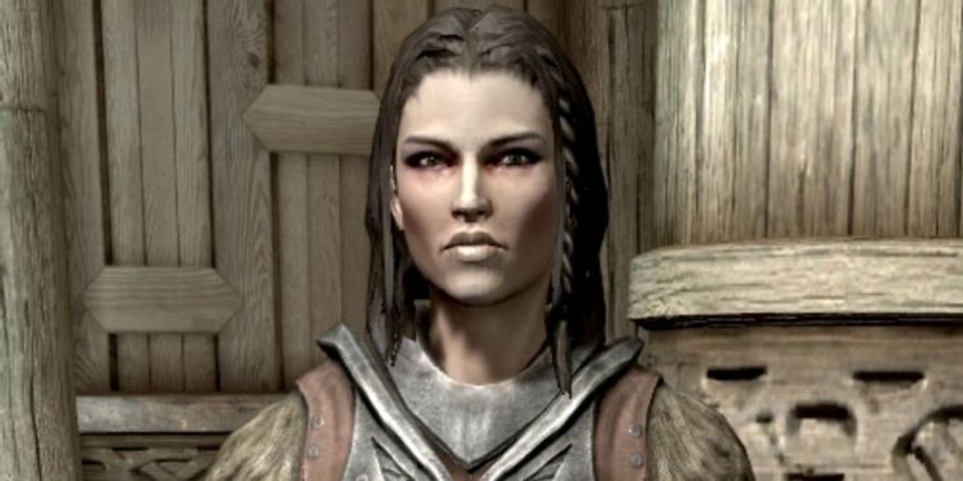 Skyrim screenshot of NPC Lydia from the chest up.