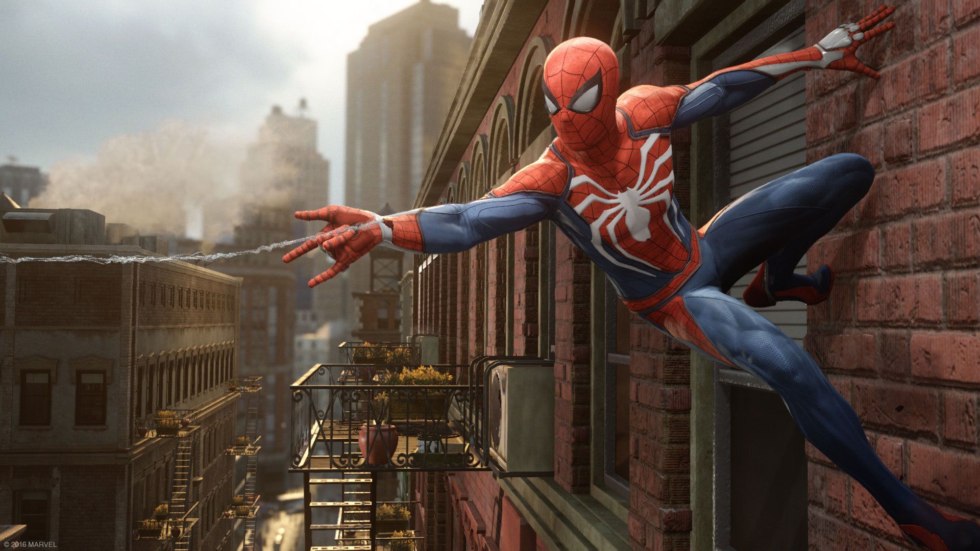 Marvel&rsquo;s Spider-Man screenshot of Spider-Man holding on to a building.