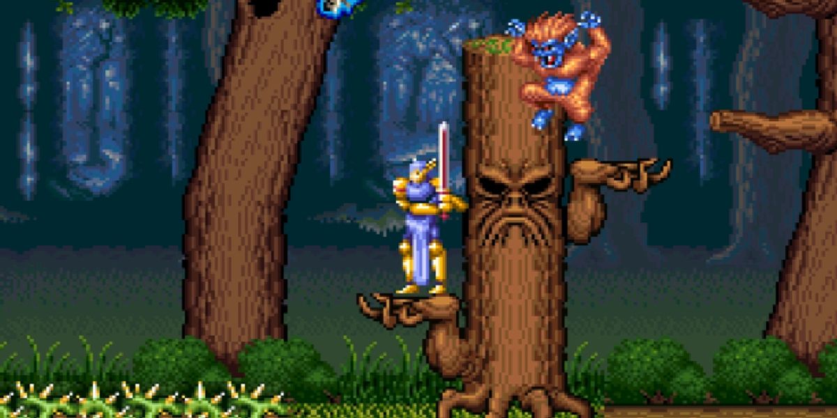 The Master stands on the hand on a tree with a monster jumping in from behind.