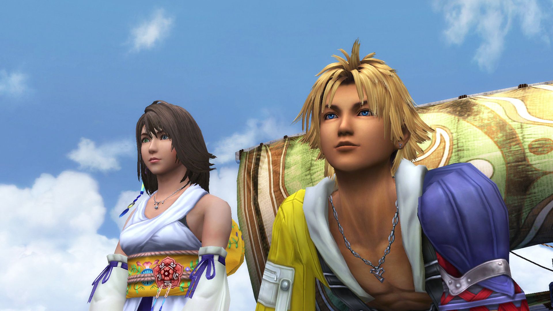 Tidus and Yuna take in the sights in Final Fantasy X.