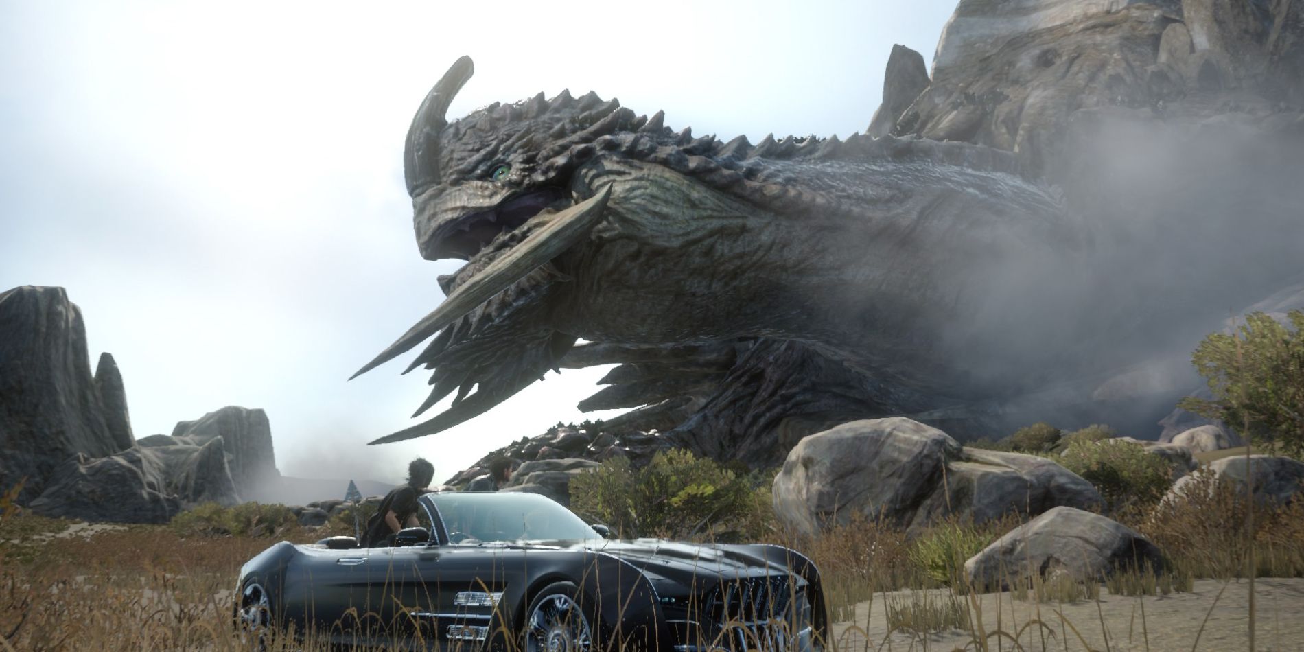 Noctis looking at Adamantoise, a massive tortoise, from their super rad car.