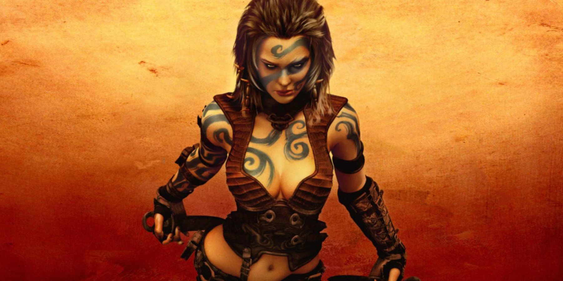 A woman with tattoos on her body wielding a knife and looking at the camera. The background looks like a desert.