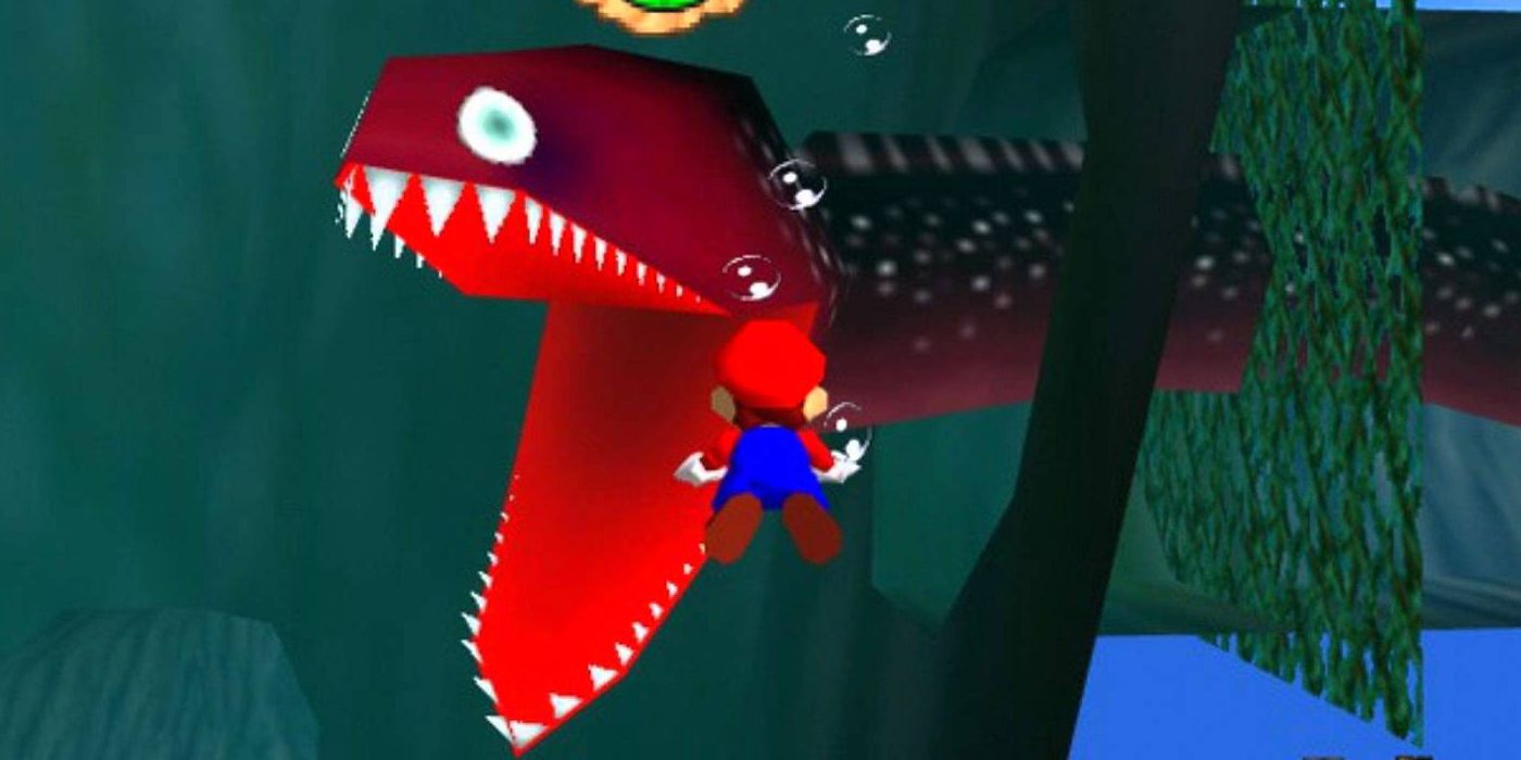 mario in water with giant eel coming out of wall