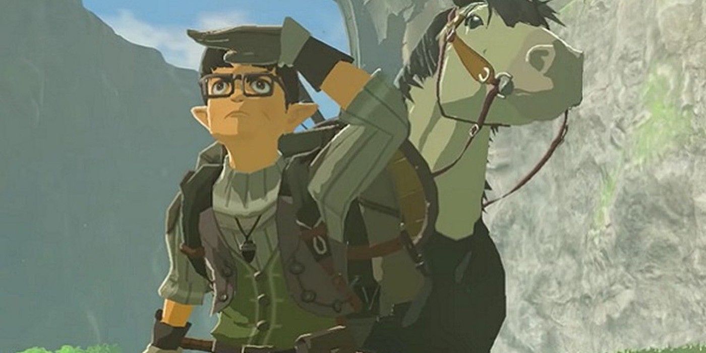 Zelda Breath of the Wild Iwata cameo standing by horse looking on easter egg