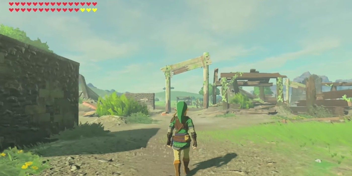 Zelda Breath of the Wild Link looking on at Lon Lon ranch