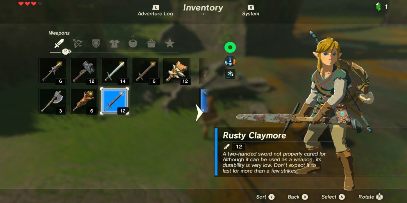 Zelda Breath of the Wild Rusty Claymore inventory screen